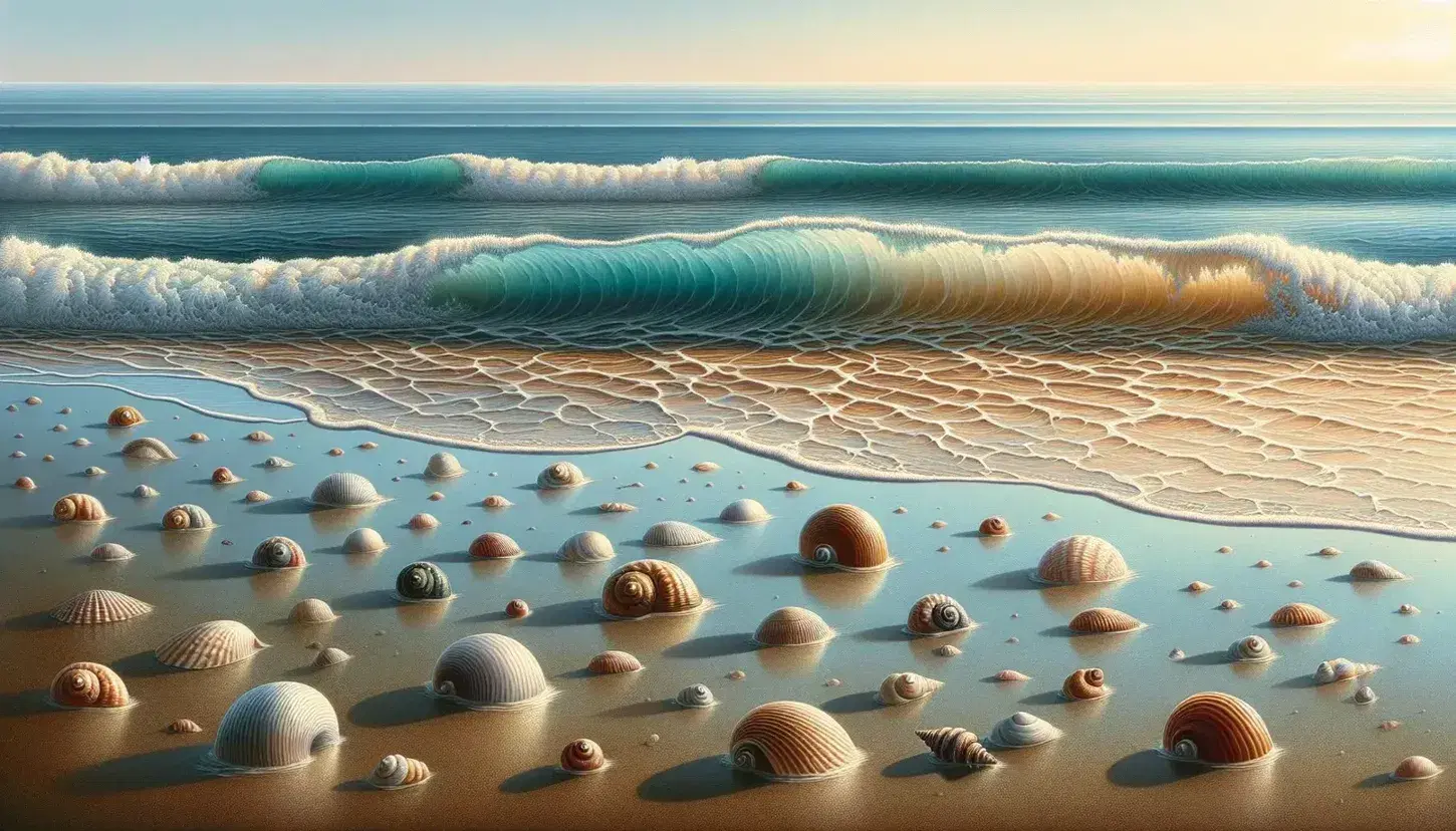 Serene beachscape with gentle waves, scattered seashells on smooth sand, gradient blue waters, and a clear sky with soft golden hues at the horizon.