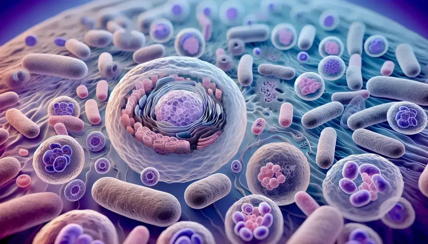 Translucent eukaryotic cells with mitochondria and endoplasmic reticulum, nuclei with nucleoli and purple prokaryotic cells, blue gradient background.