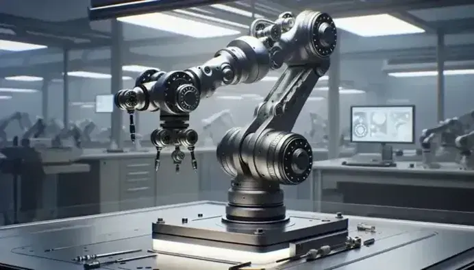 Articulated robotic arm on laboratory workbench, with multi-finger gripper ready to manipulate various mechanical components.