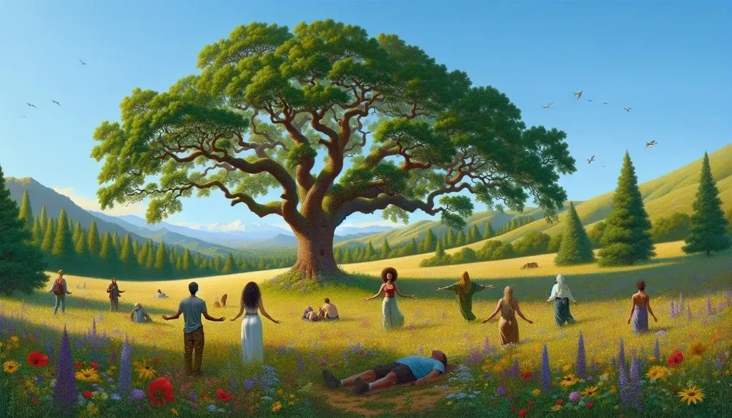 Peaceful landscape with green meadow and wild flowers, majestic oak tree, different people relaxing and snow-capped mountains in the background.