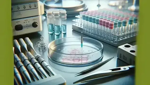 Close-up of a laboratory bench with pink gel electrophoresis plate, pipette with liquid and tweezers next to open microcentrifuge.