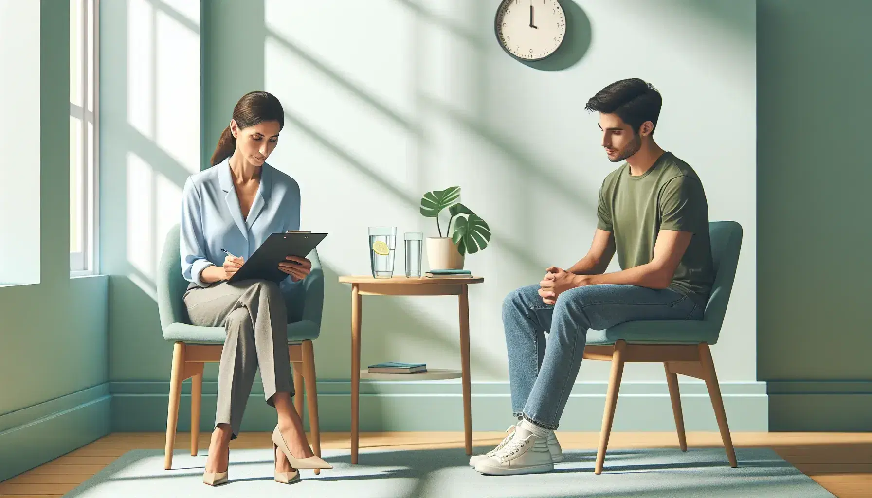 Middle Eastern therapist in blue shirt and Caucasian patient in green shirt during a session in bright studio with clock and green plant.