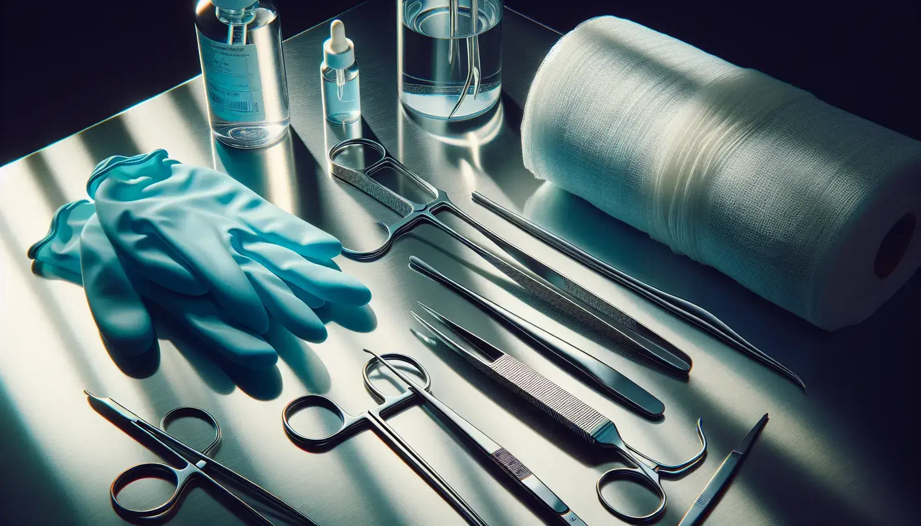 Instrumental médico esterilizado sobre superficie de acero inoxidable, incluyendo pinzas quirúrgicas, tijeras con mangos azules, escalpelo, guantes de látex y gasa con solución antiséptica.