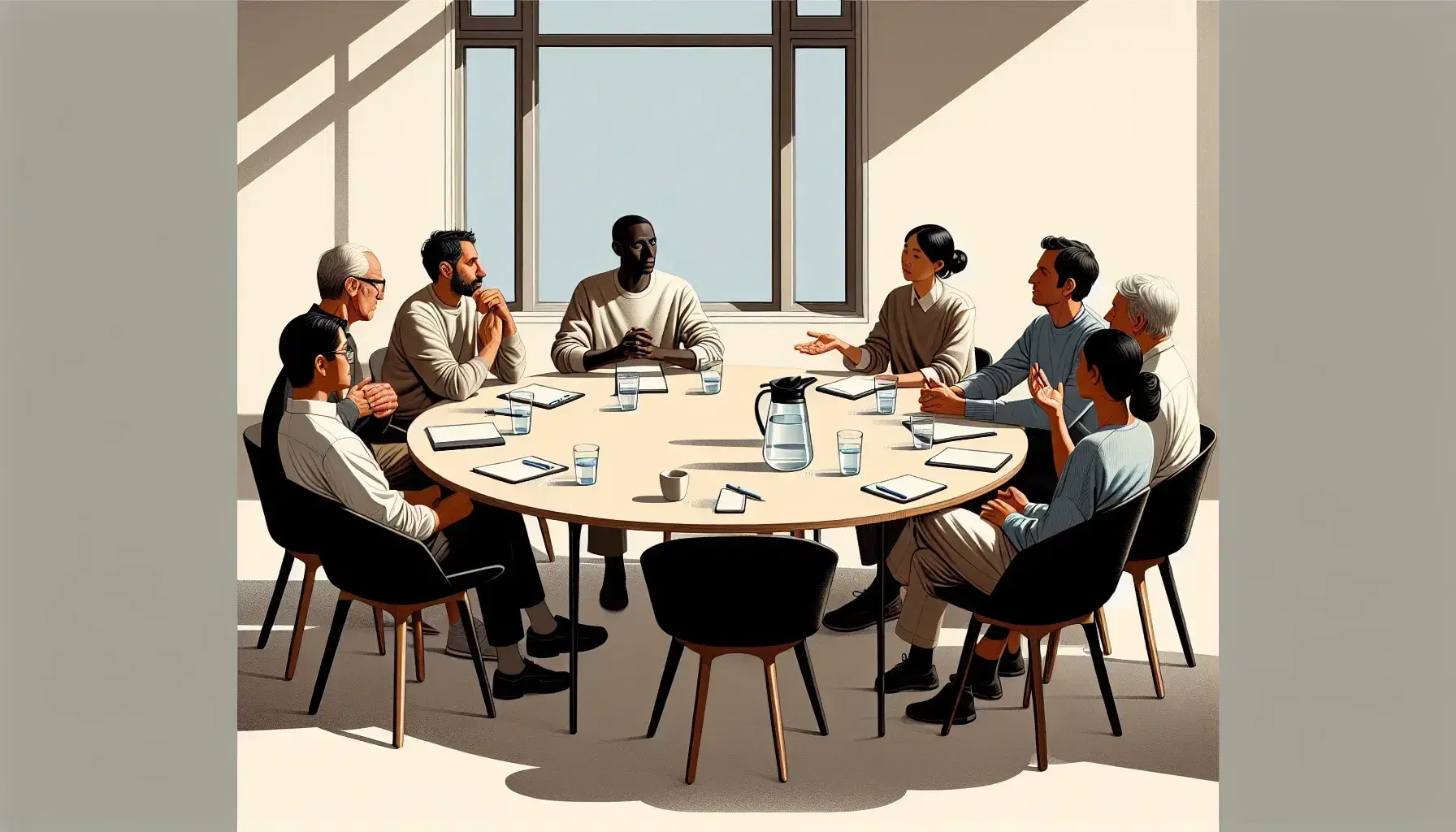Multi-ethnic group of six people, three men and three women, discusses around a circular table with papers and glasses of water, in a bright room.