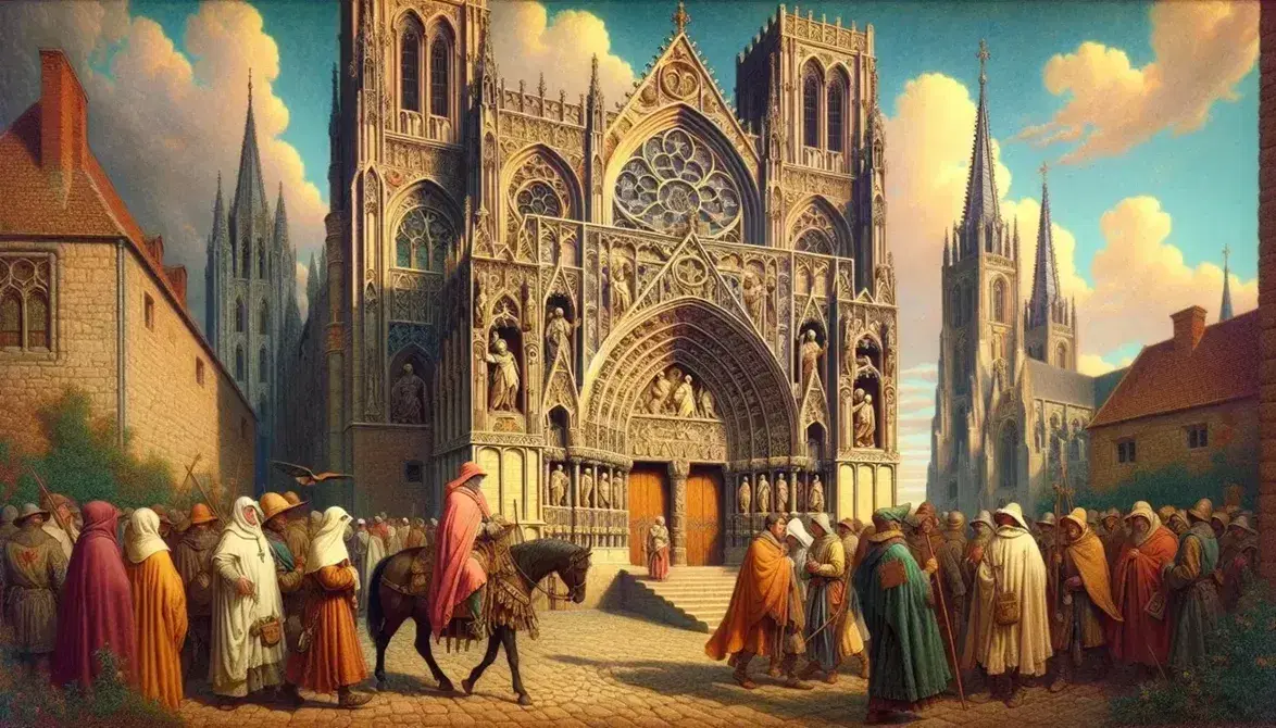 Scena medievale con cattedrale gotica, pellegrini e castello fortificato, nobili a cavallo e dettagli architettonici sotto cielo azzurro.