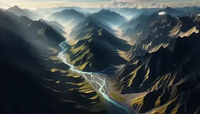 Vista aérea de una cadena montañosa con picos irregulares y vegetación verde oscuro, un río serpenteante y valles con vegetación más clara al amanecer o atardecer.