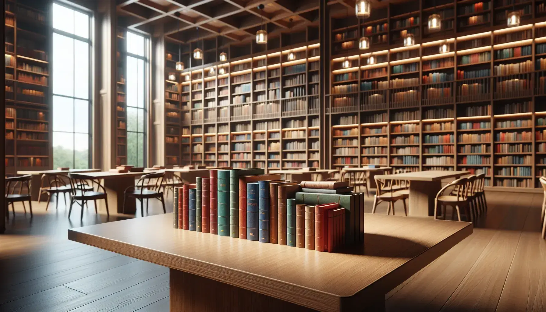 Biblioteca espaciosa con mesa de madera y libros de colores apilados, estanterías llenas y ventana grande con vista a árboles.