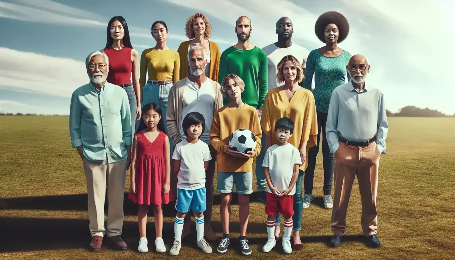 Multi-ethnic group in semi-circle outdoors, Asian girl in foreground, elderly man, Hispanic woman, young Middle Eastern man, black child, mature woman and South Asian teenager.