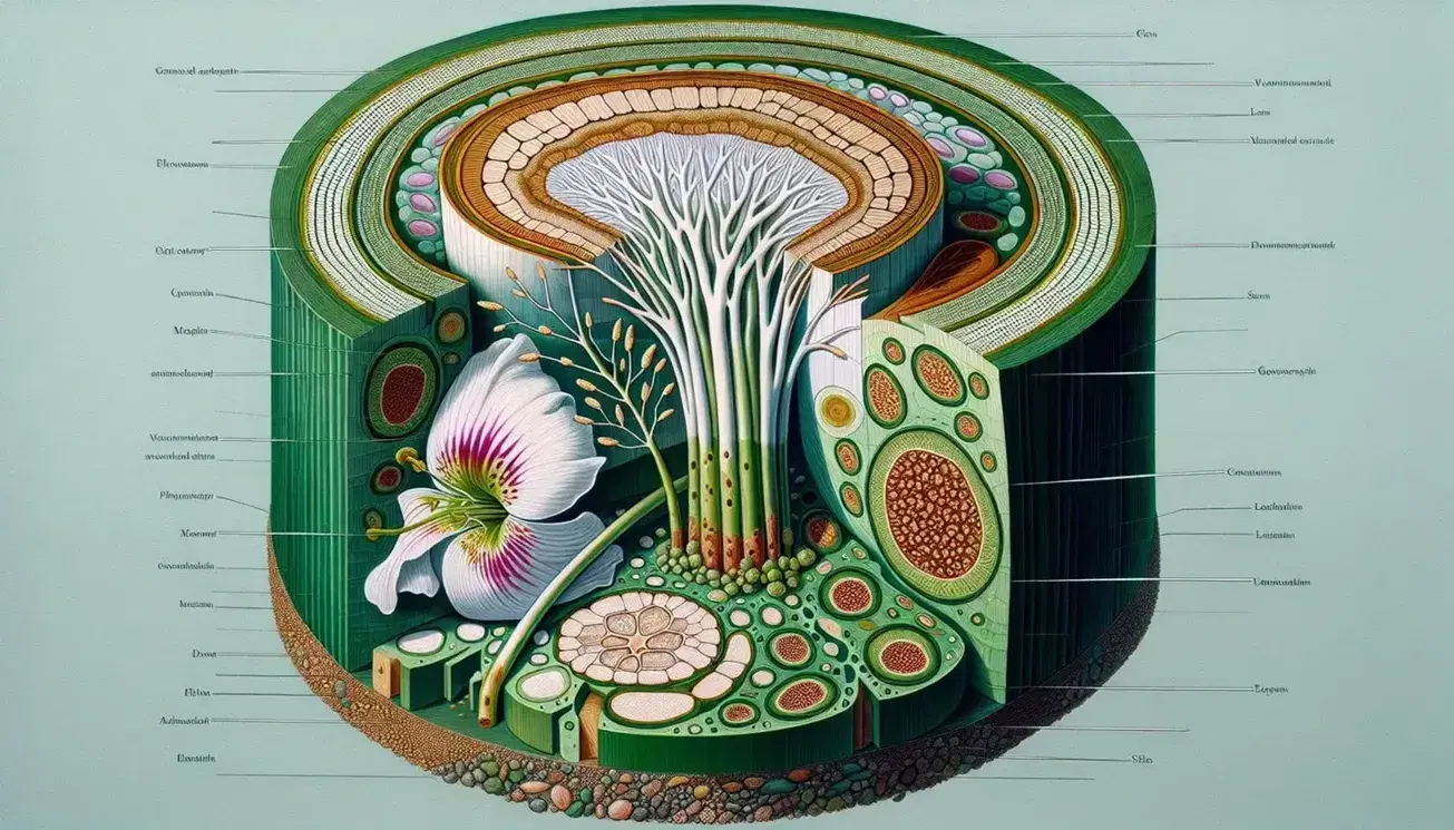 Corte transversal detallado de tallo de planta vascular mostrando tejidos dermales, sistema vascular con xilema y floema, y tejidos meristemáticos, junto a una flor completa y semillas dispersas.