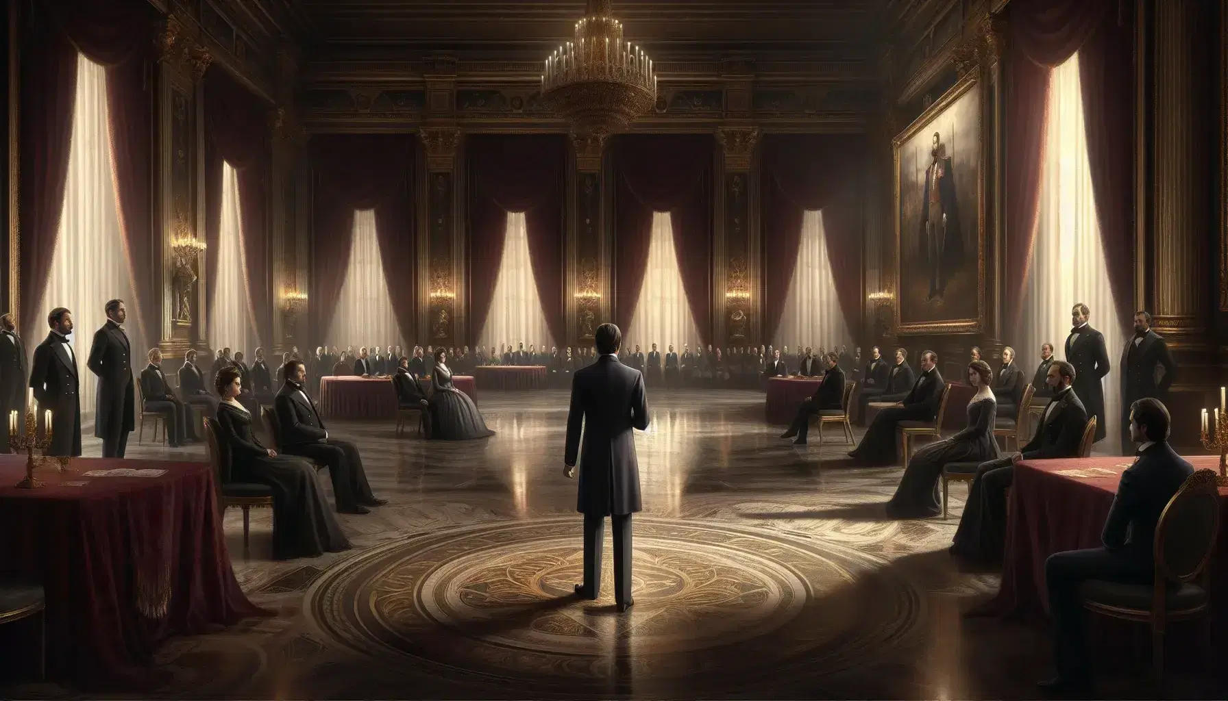 Hombre en traje oscuro dando un discurso en un salón elegante con personas sentadas, cortinas rojas, candelabro y corona con cetro en mesa de terciopelo azul.