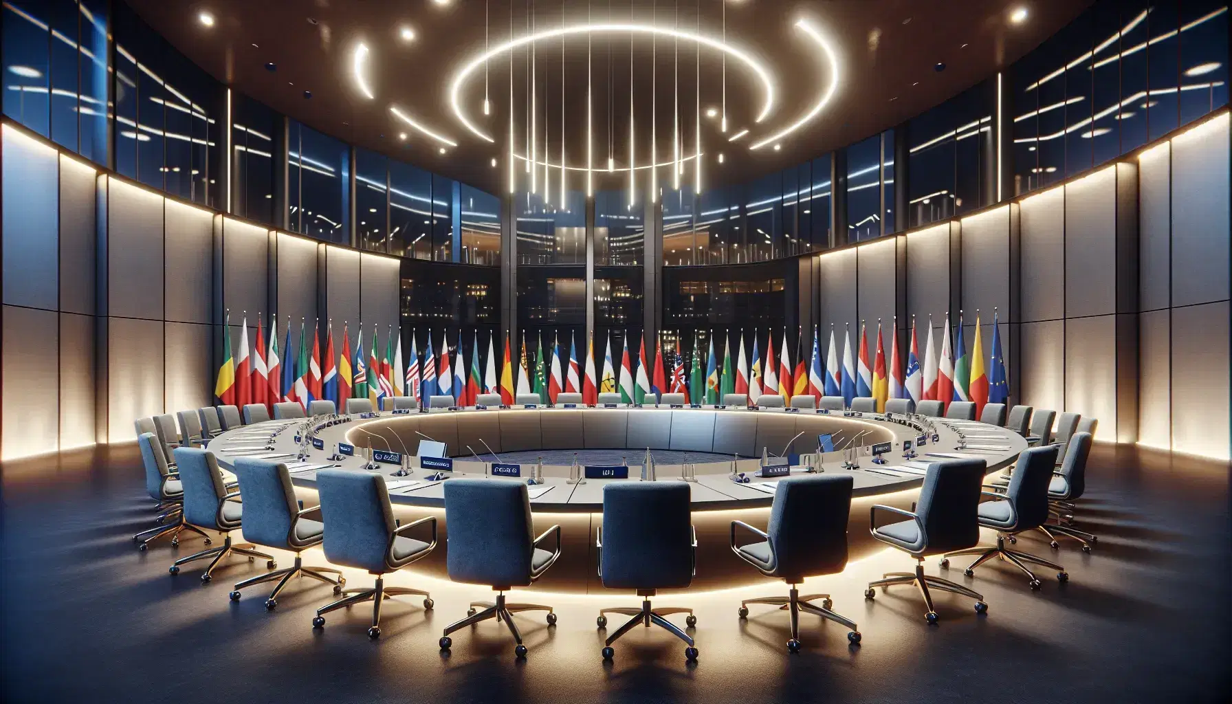Sala conferenze moderna con bandiere dell'Unione Europea, tavolo ovale, sedie ergonomiche blu e microfoni, illuminazione soffusa.