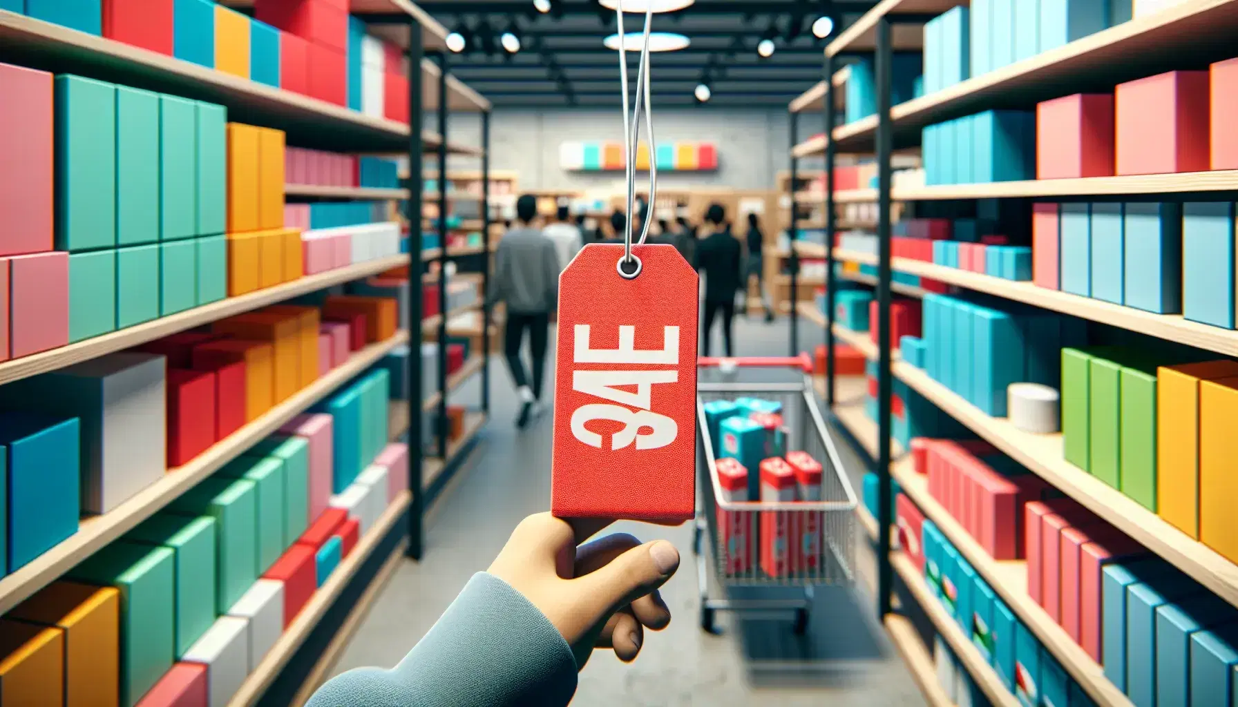 Bustling retail store with a red sale tag on a shelf product, shoppers browsing items, and ambient lighting creating a warm shopping atmosphere.