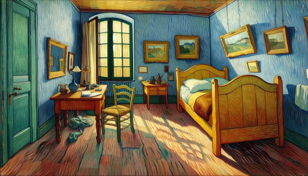 Riproduzione del dipinto 'La Camera da Letto' di Van Gogh con letto in legno, lenzuola blu, sedia gialla e pareti azzurre.