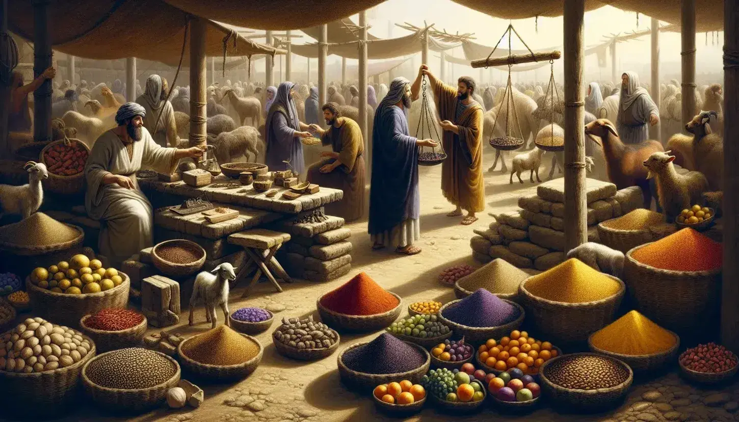 Bustling ancient market with spices, grains, and fruits on display, merchants trading goods, and livestock nearby, set against clay brick buildings under a clear sky.
