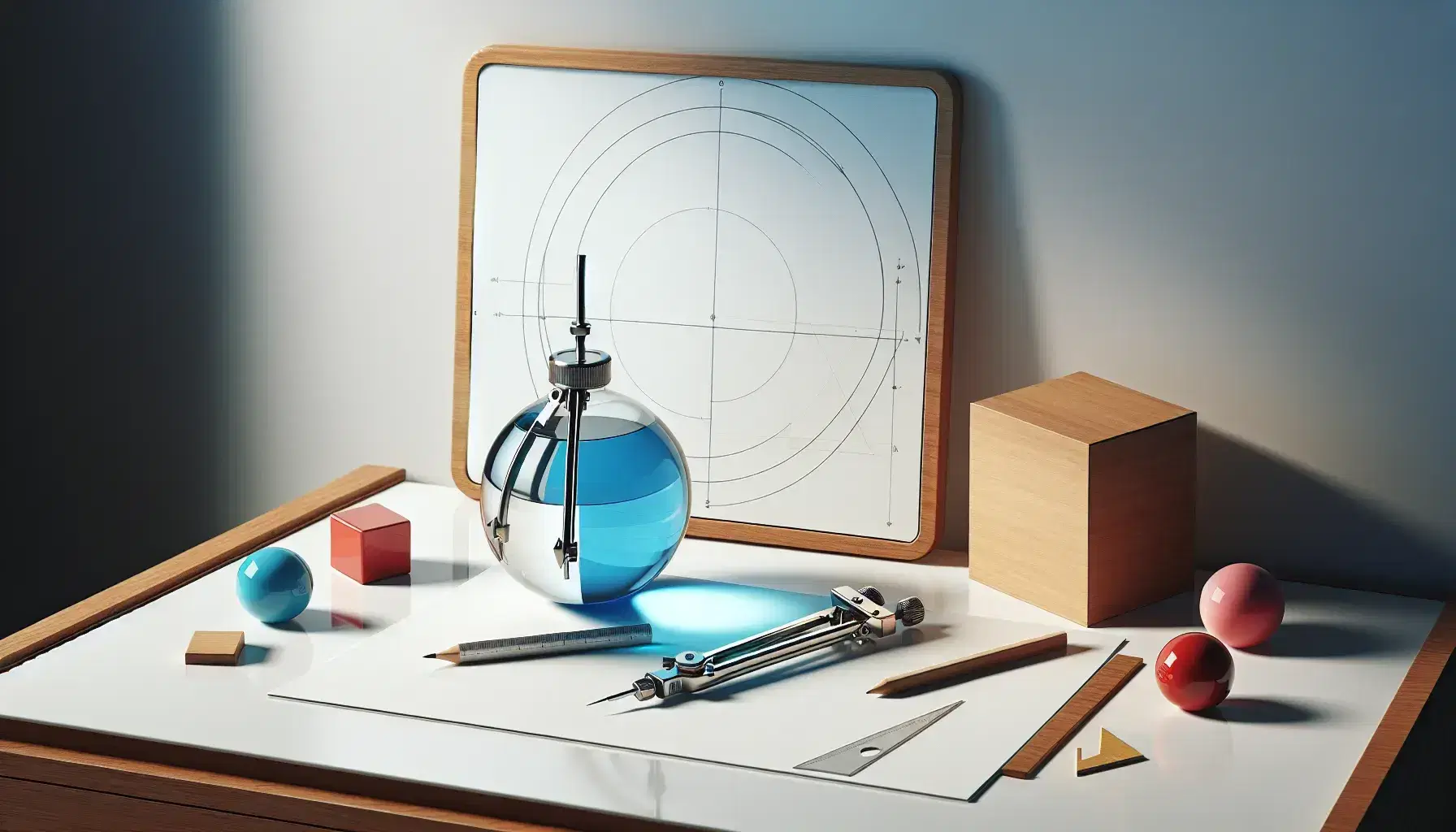 Whiteboard with a desk featuring a glass flask with blue liquid, a compass drawing a circle on paper, and a set of colorful geometric shapes in a classroom.