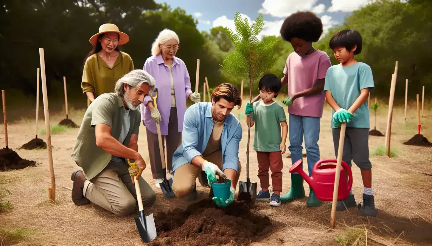 Grupo diverso plantando árboles al aire libre, con un hombre cavando, una mujer regando, niños observando y una anciana preparando un árbol para plantar, bajo un cielo azul.