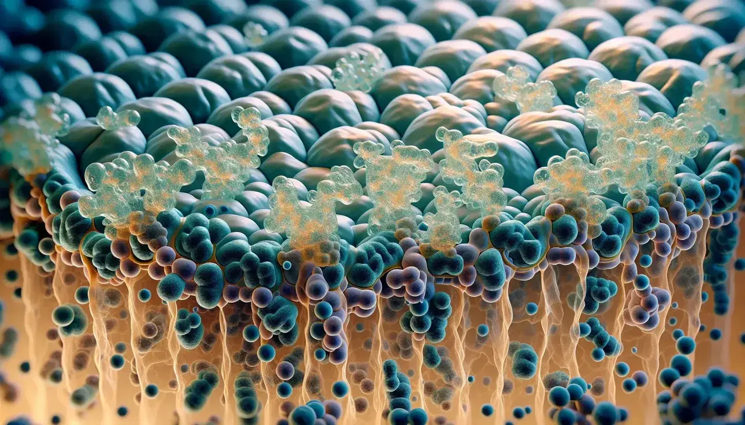 Macro photography of a cell membrane with protruding glycolipids and branched carbohydrate chains in shades of blue and green on a blurred background.