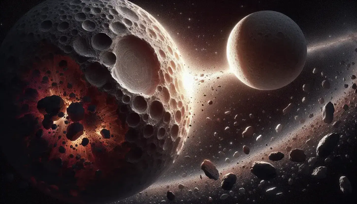 Pianeta craterizzato con superficie rocciosa illuminato intensamente e piccolo corpo celeste in avvicinamento tra detriti spaziali su sfondo stellato.