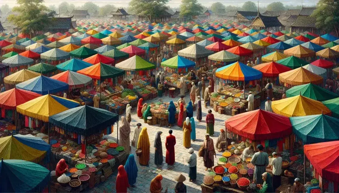 Lively open-air market with colorful stalls, diverse sellers and customers, fruits, handmade jewelery and crafts, under a blue sky.