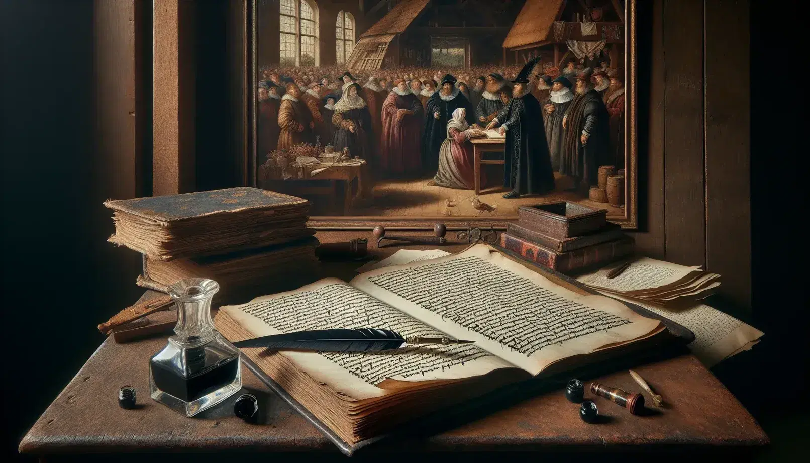 Scrivania antica in legno scuro con manoscritto aperto, penna d'oca e calamaio, e dipinto sullo sfondo che raffigura una scena rurale.