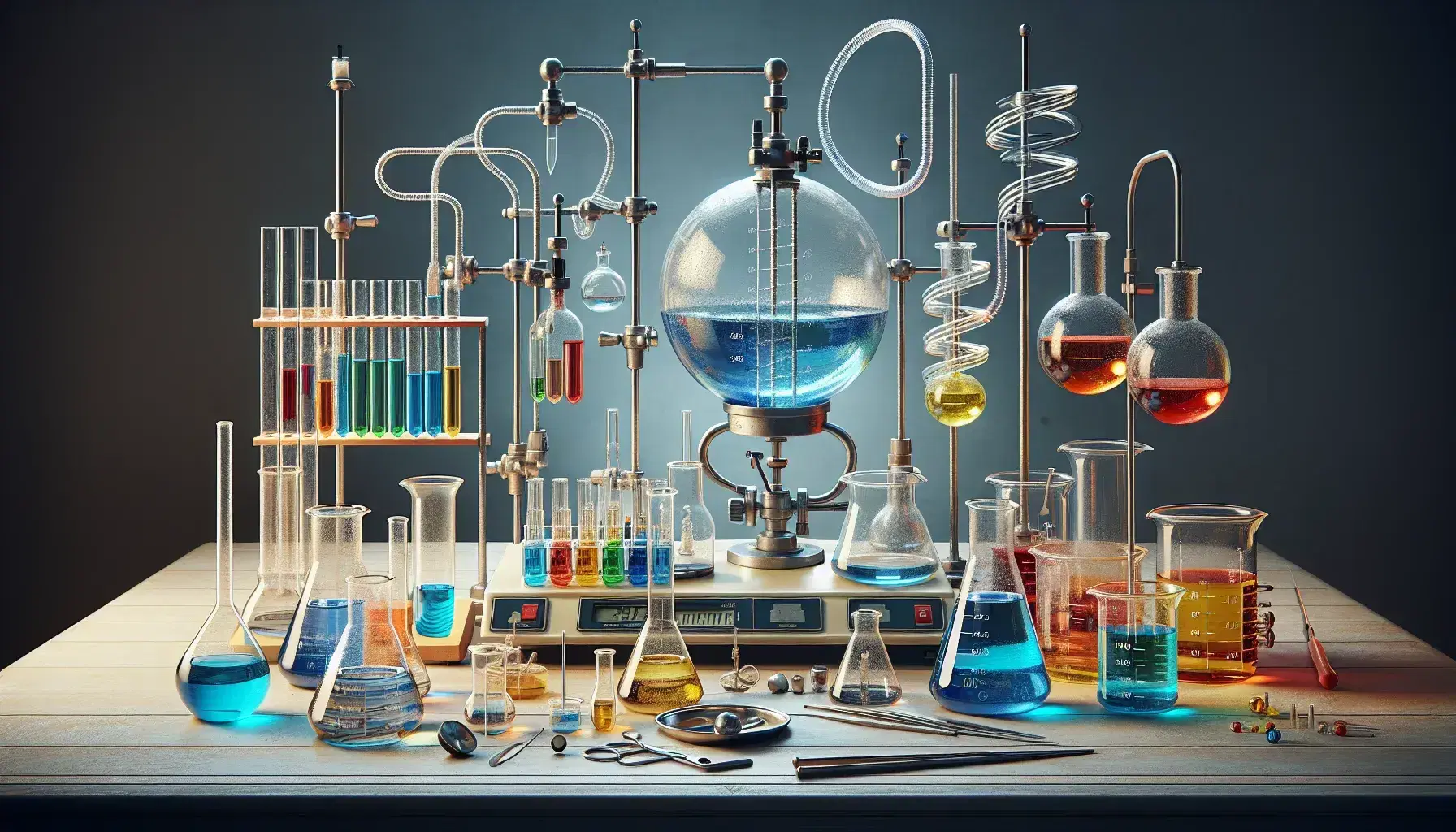 Laboratorio scientifico con becher di vetro contenenti liquidi colorati, provette, bilancia analitica, mortaio e bruciatore Bunsen.