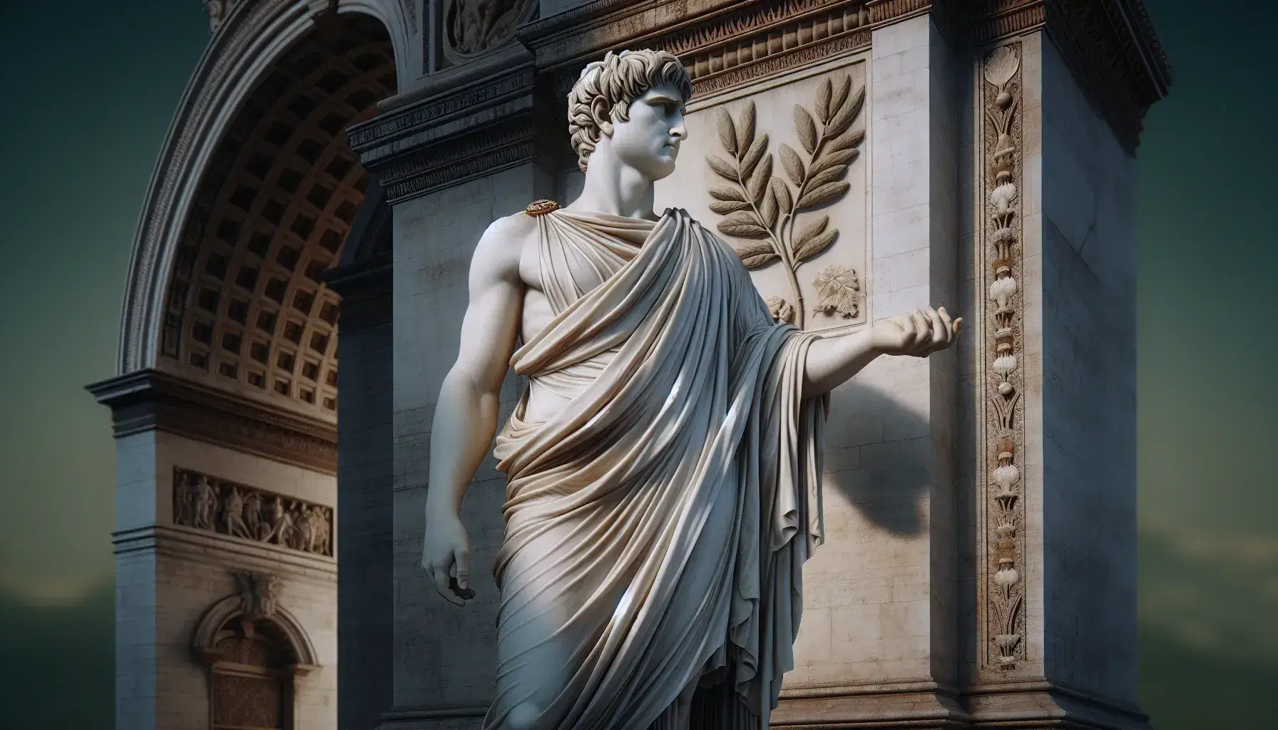 Statua in marmo bianco di figura romana con toga e calzature tradizionali, mano sinistra alzata, su sfondo di arco trionfale parzialmente visibile.