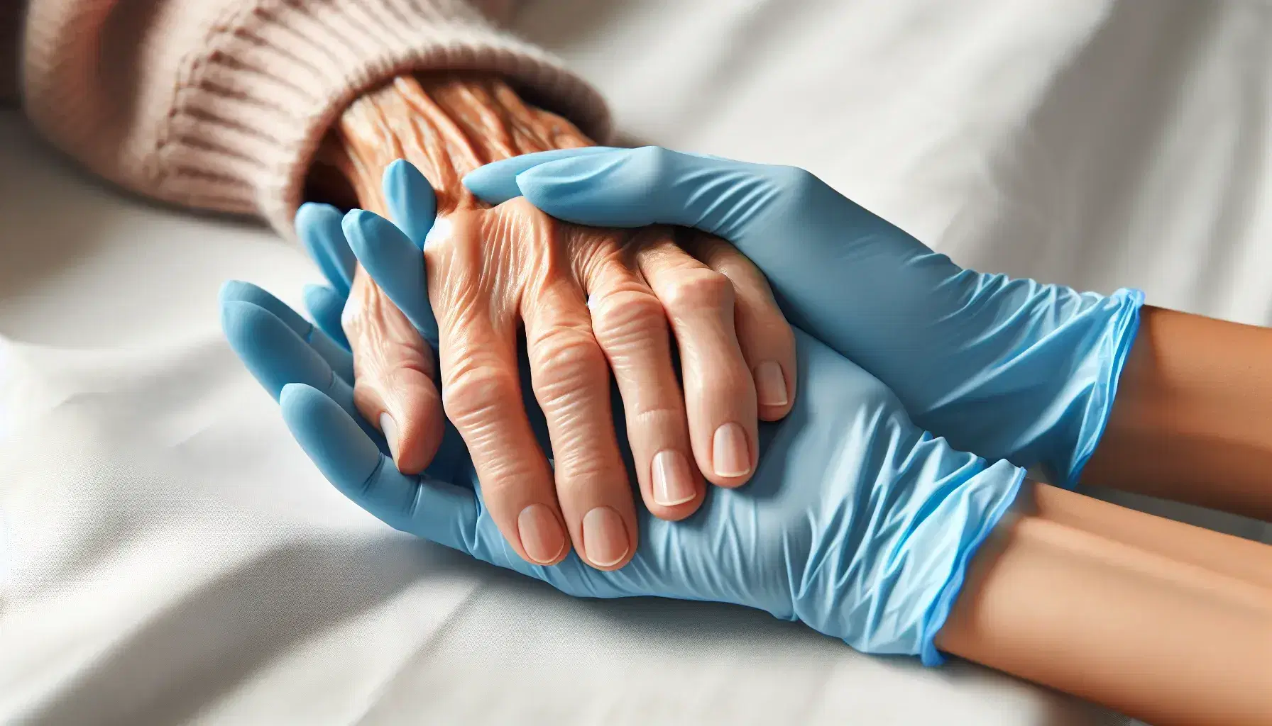 Manos con guantes de látex azules sostienen con cuidado la mano envejecida de un paciente sobre una superficie blanca, transmitiendo apoyo y compasión.