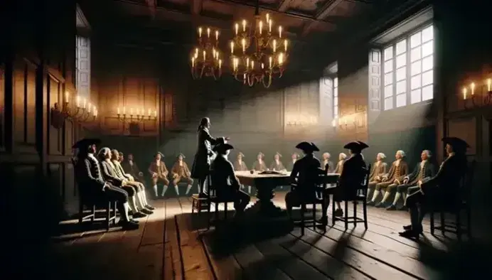 Historical reenactment in an 18th-century French-style room with men in period clothing engaged in a fervent discussion around a large wooden table.
