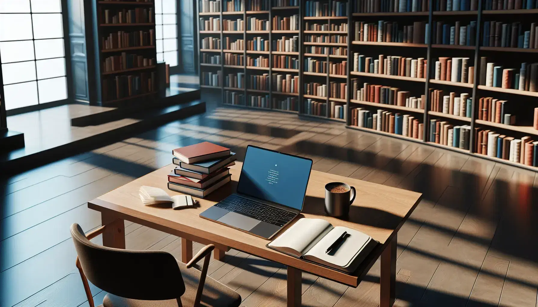 Biblioteca acogedora con estanterías de madera oscura llenas de libros, mesa con portátil abierto, libros apilados, cuaderno y taza de café.