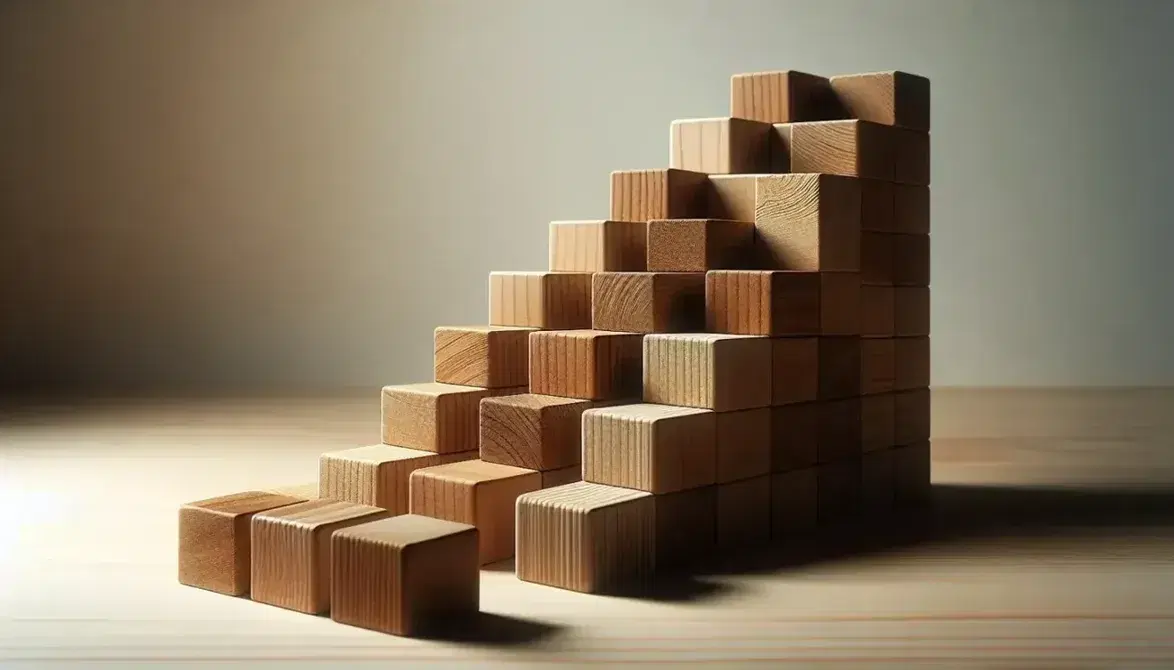 Bloques de madera en tonos naturales formando una escalera ascendente en fondo neutro, simbolizando crecimiento o acumulación.