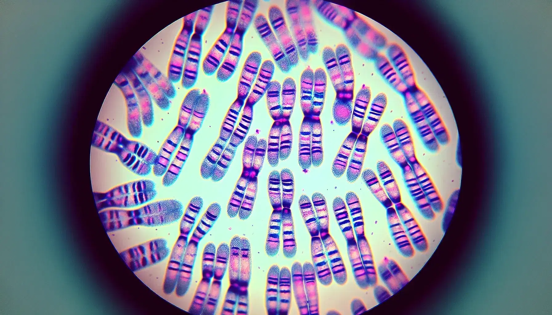 Cariotipo umano colorato al microscopio, con cromosomi appaiati e bandeggiati in tonalità rosa-viola su sfondo chiaro.