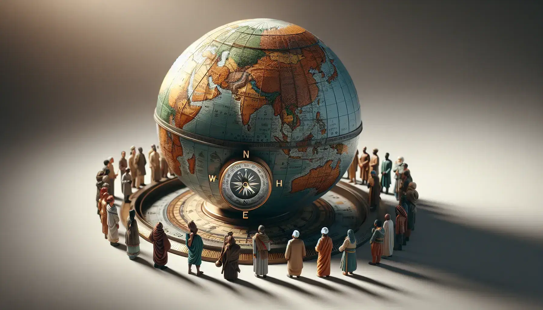Globo terráqueo tridimensional rodeado por figuras humanas en atuendos tradicionales y brújula antigua, simbolizando diversidad cultural y unidad global.