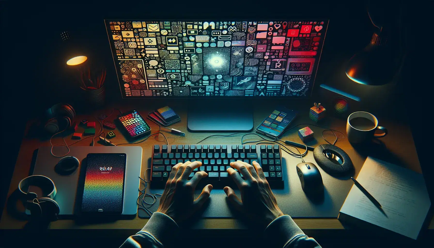 Messy desk with turned on computer screen, keyboard, mouse, charging smartphone, headphones, closed laptop and cup of coffee, in a dimly lit room.