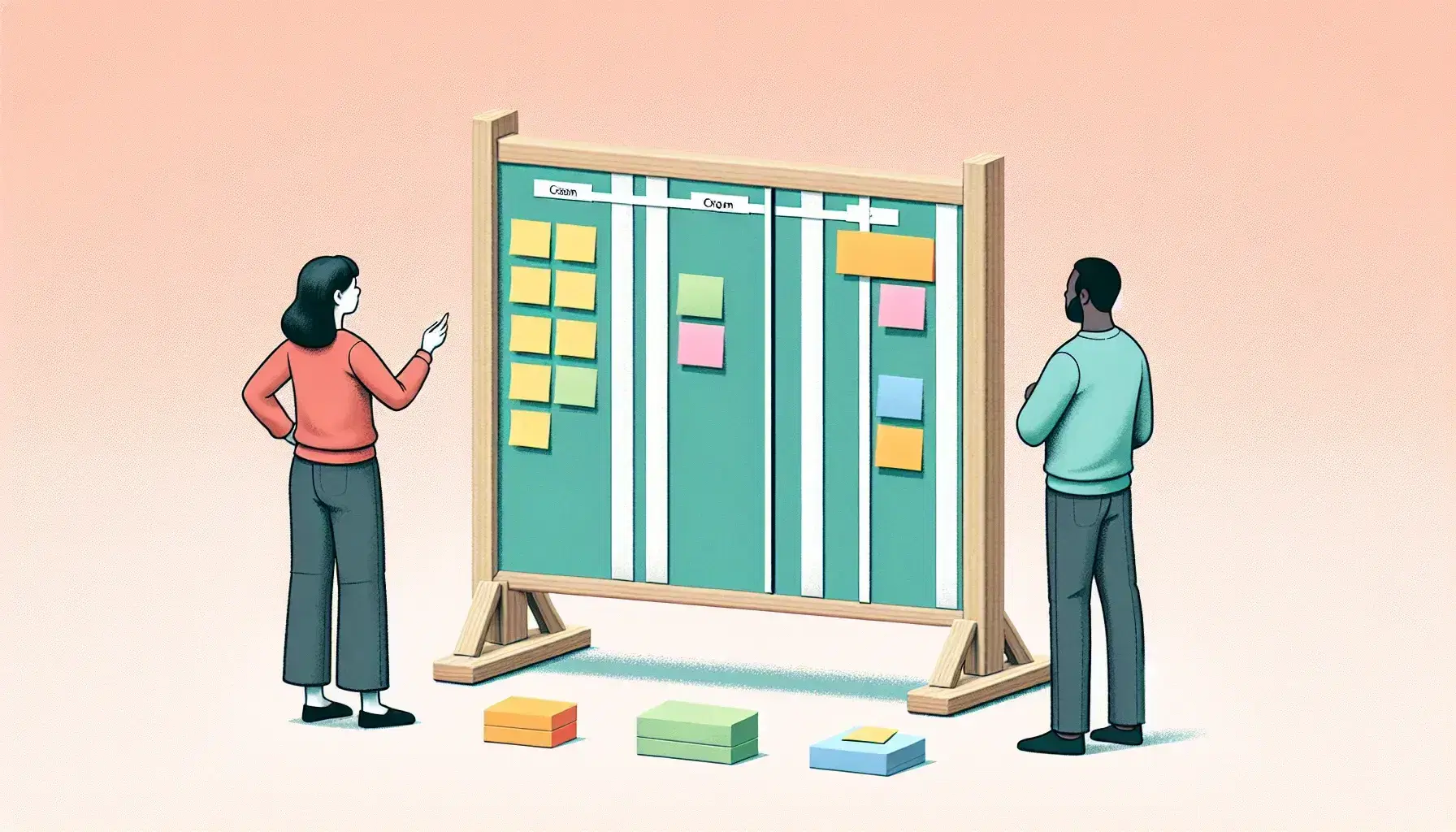 Kanban board on easel with four columns and colorful post-its, three people discuss in front of it in a bright office.