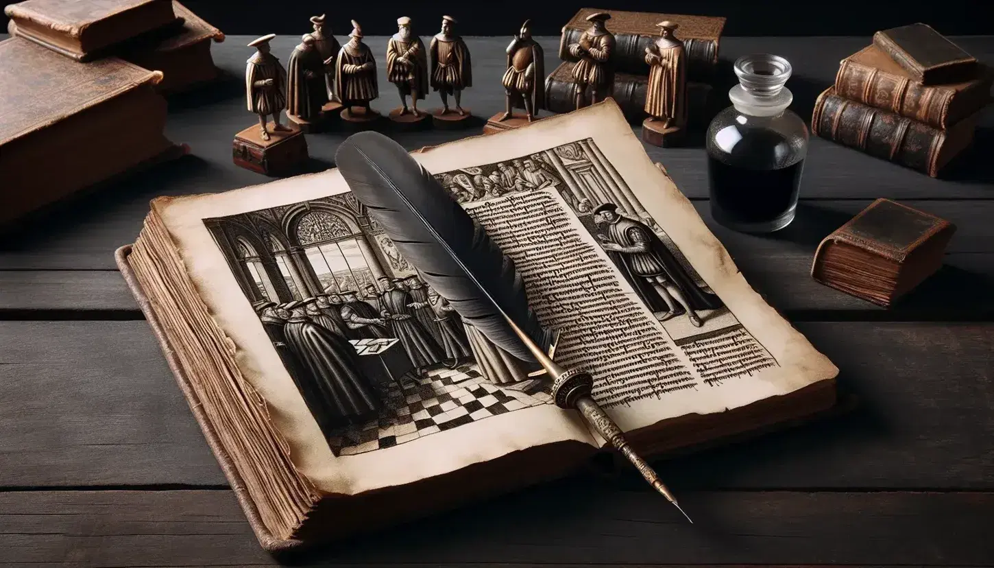 Manoscritto antico con disegni di vita politica e militare rinascimentale, penna d'oca e statuetta in bronzo su tavolo in legno, sfondo di libreria.