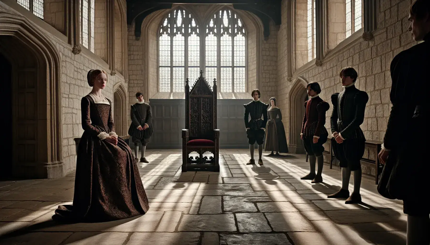 Tudor-era castle room with arched windows, an unoccupied carved wooden throne with red velvet cushion, and a somber group in period attire.