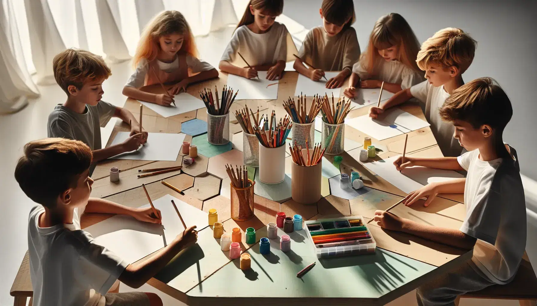 Niños de diversas edades sentados alrededor de una mesa hexagonal de madera, usando materiales de arte como lápices de colores y pinceles, en un ambiente iluminado naturalmente.