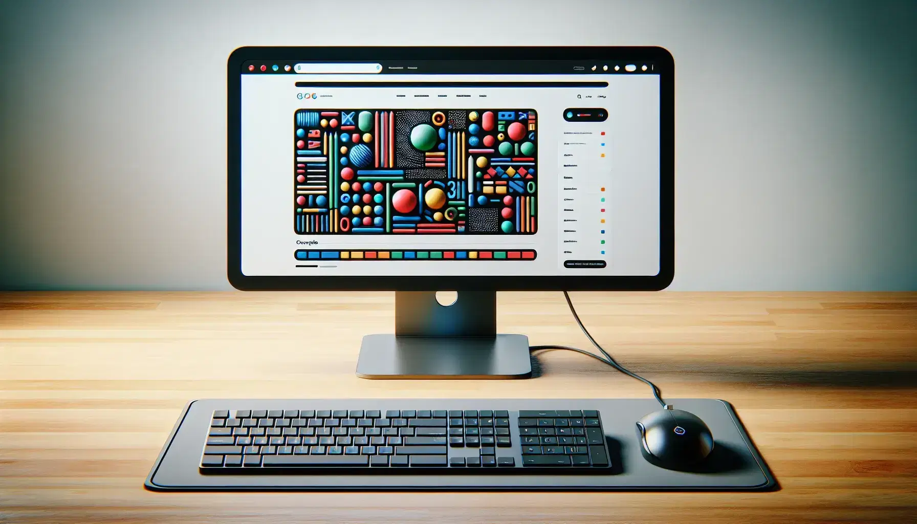 Tidy desk with monitor showing colorful abstract web interface, gray keyboard without symbols and mouse with black pad.