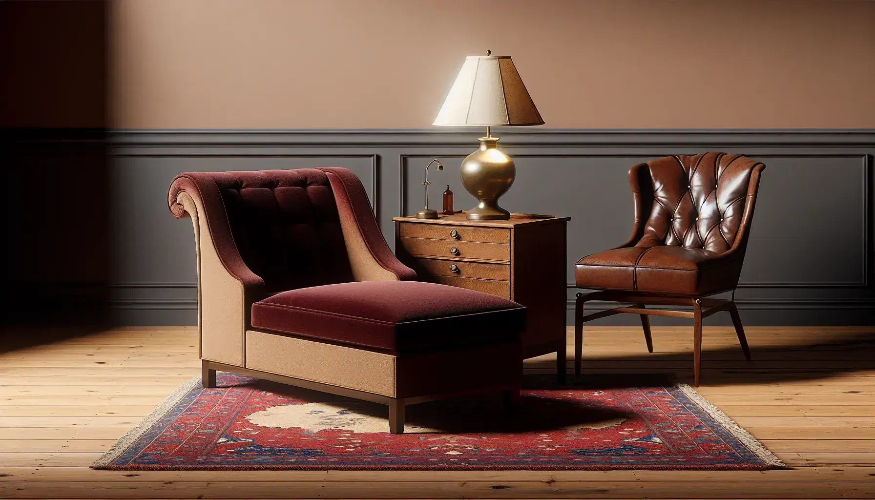 Freudian style therapy studio with burgundy chaise longue, leather armchair, antique lamp, Persian rug and wooden bookcase.