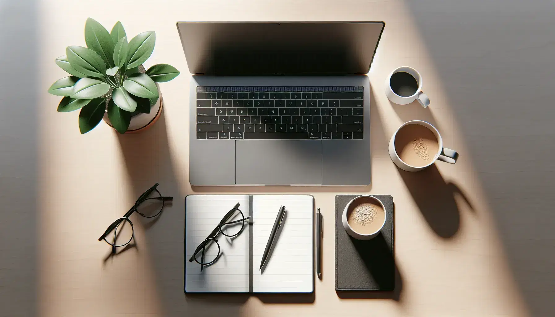 Organized desk with open laptop, cup of steaming coffee, notepad with pen, glasses and green plant on light wooden surface.