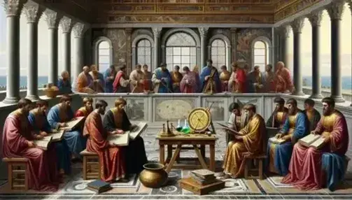 Students in Byzantine dress study in a classroom at the Imperial University of Constantinople, among marble columns and mosaics, with scientific instruments.