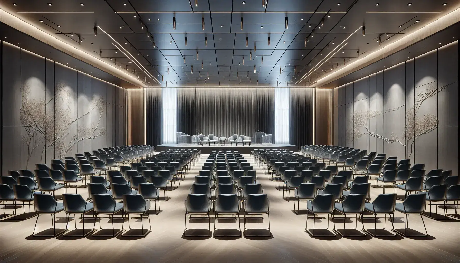 Modern conference room with neat blue chairs, stage with transparent podiums and screen, soft lighting and abstract art on the walls.
