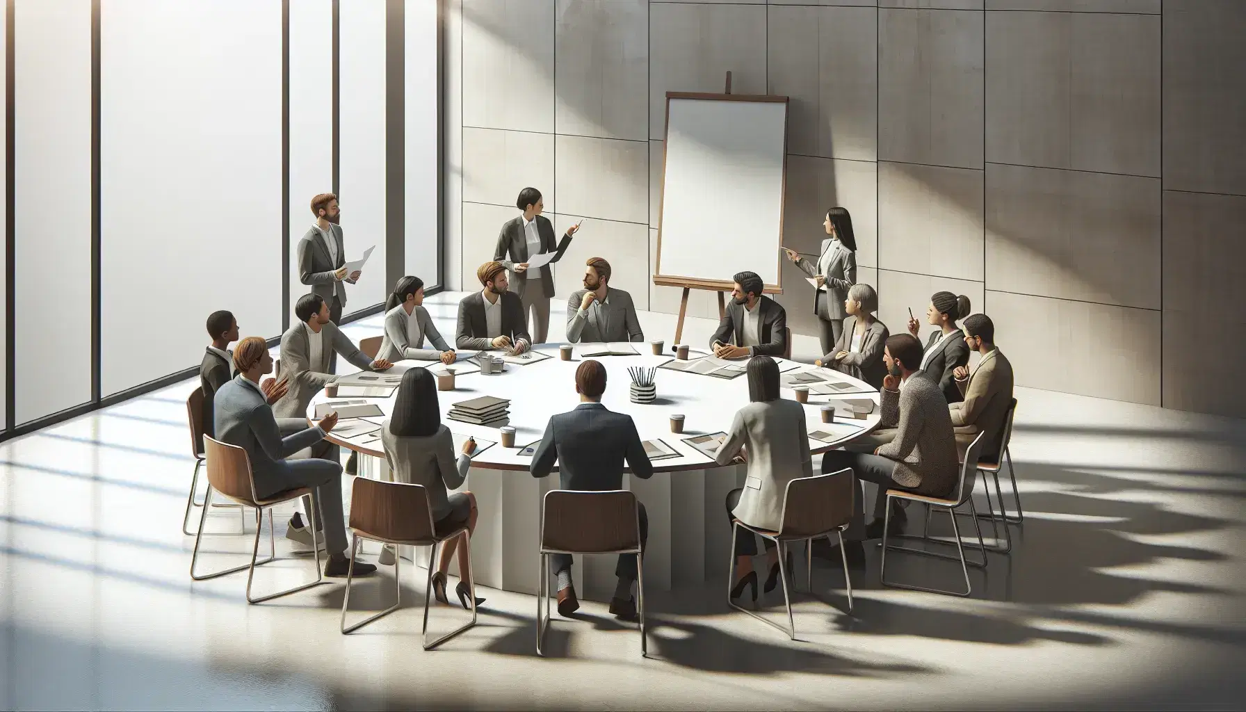 Grupo diverso de profesionales en reunión de trabajo alrededor de una mesa redonda con papeles y bolígrafos, discutiendo activamente con una presentación en curso.