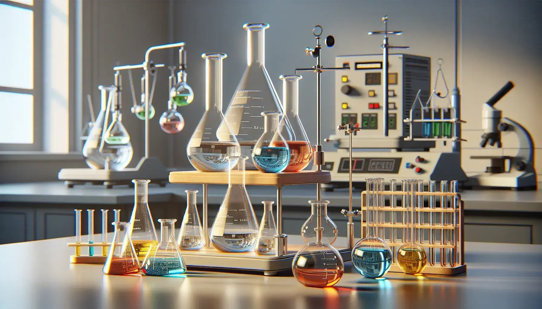 Laboratorio de química con matraces Erlenmeyer con líquidos de colores, tubos de ensayo en soporte de madera y balanza analítica al fondo.