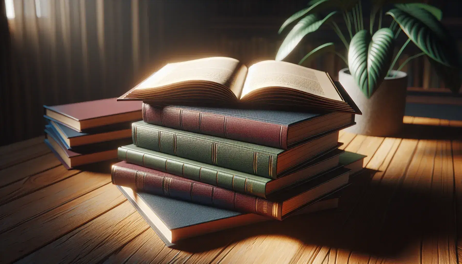 Stack of cloth-bound hardcover books on a wooden table, with the top book open and pages visible, beside a blurred potted plant.