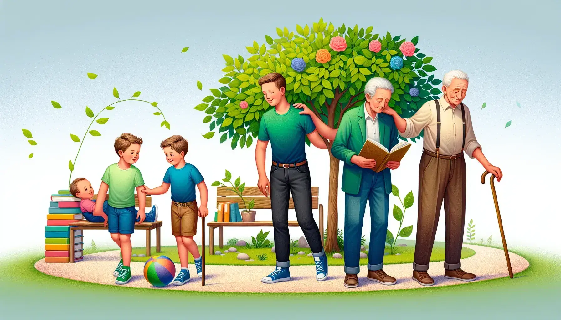 Tres personas en distintas etapas de la vida, niño jugando con pelota, adulto con libro y anciano con bastón, en parque soleado con árbol y banco.
