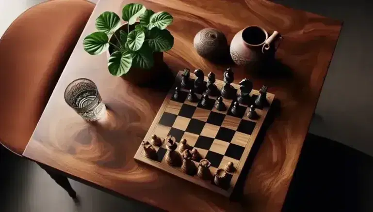 Close-up of a dark wooden table with black and white chess pieces, green plant in terracotta pot and glass of water.