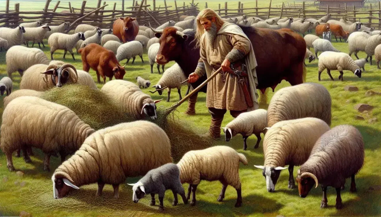 Viking farmer in brown tunic feeds sheep with pitchfork, cows and goats nearby, traditional longhouse with thatched roof in background.