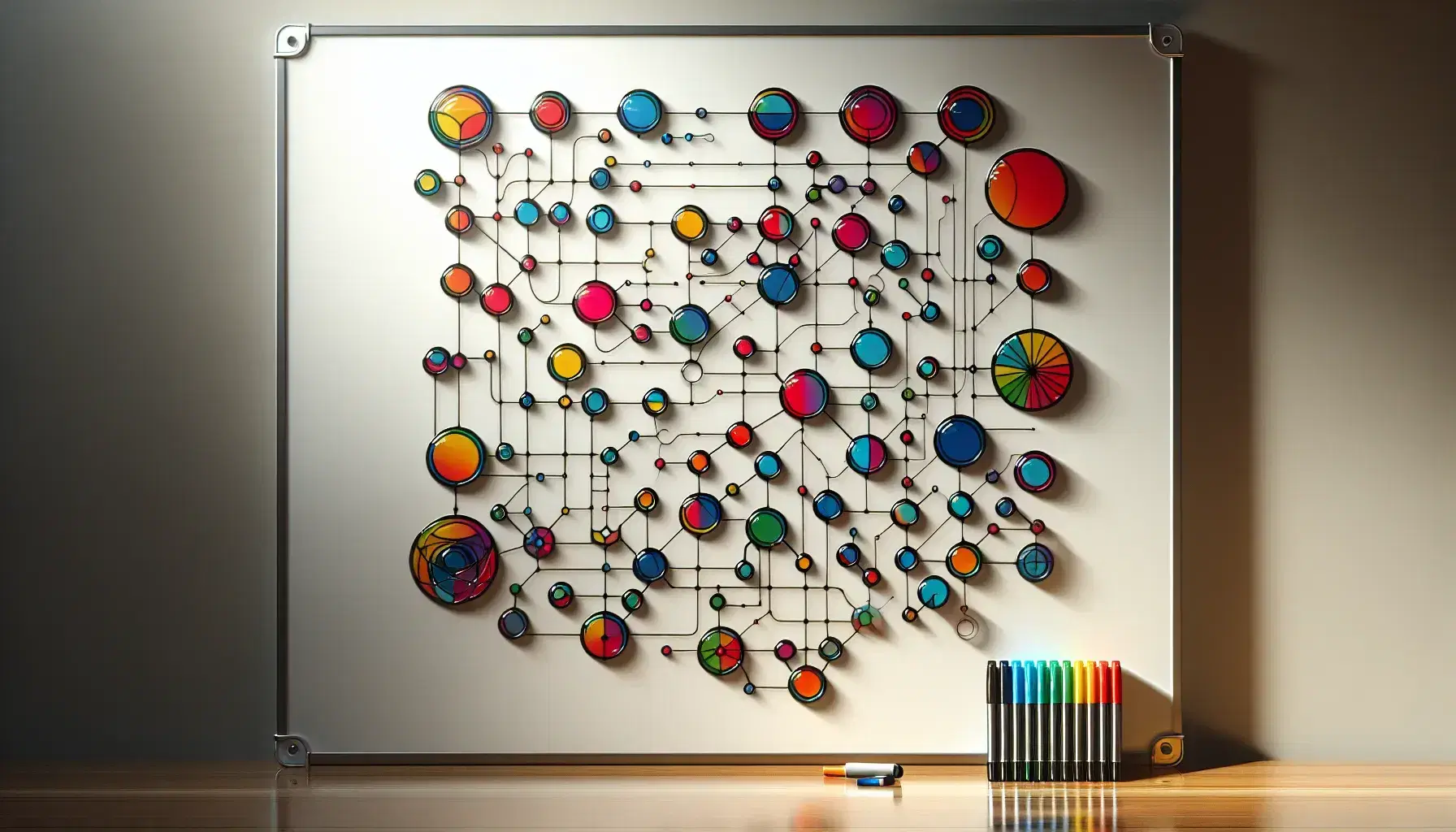 Pizarra blanca con figuras geométricas de colores conectadas por líneas negras, marcadores alineados y borrador manchado en la parte inferior.