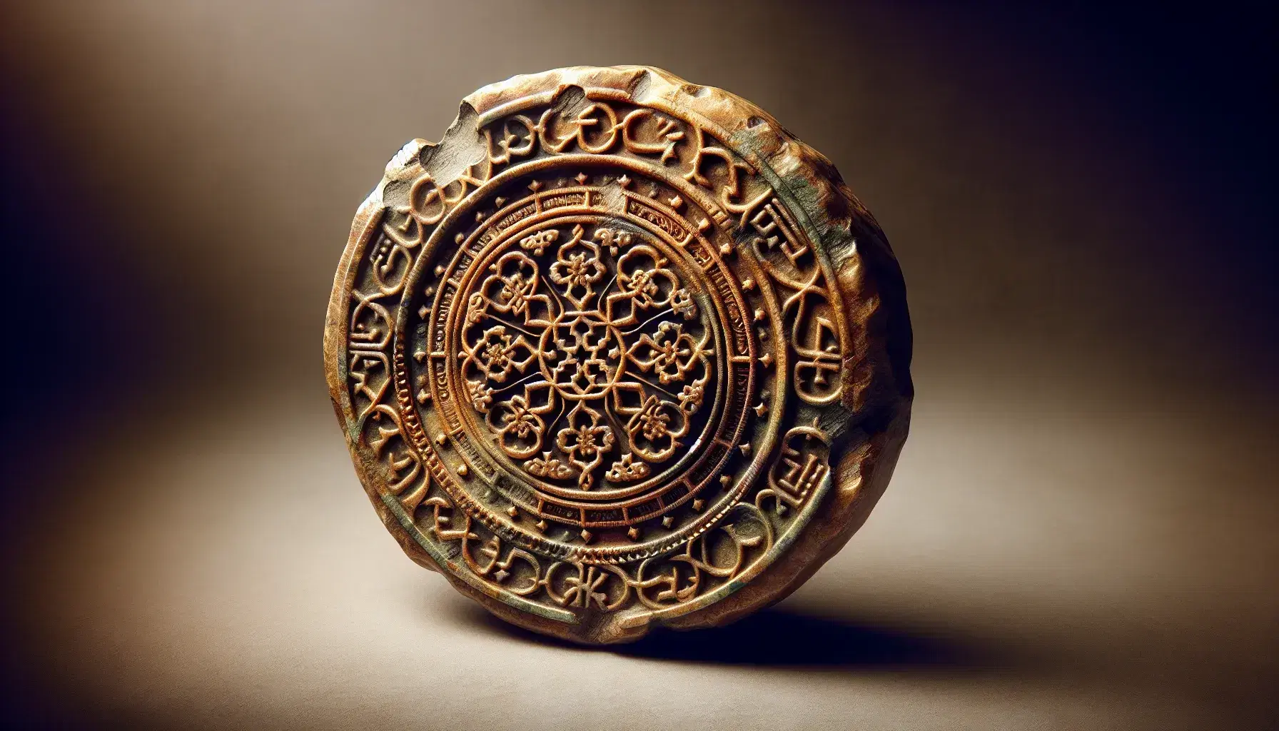 Ancient Umayyad Caliphate bronze coin with geometric and floral embossed patterns on a neutral background, showcasing historical Islamic art.